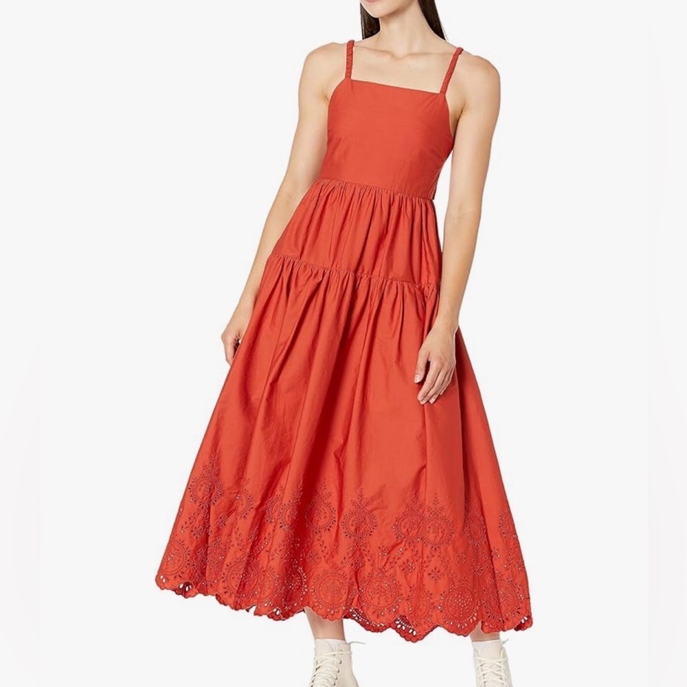 NWT Moon‎ River Tiered Shirred Back Tie Cut-Out Eyelet Midi Dress Brick Size L